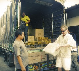 Richard helps the team to unload the truck and then checks out the arrival of our new merchandise...