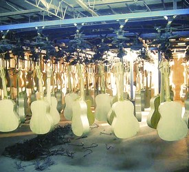 The assembled Guitars begin the journey through the factory.